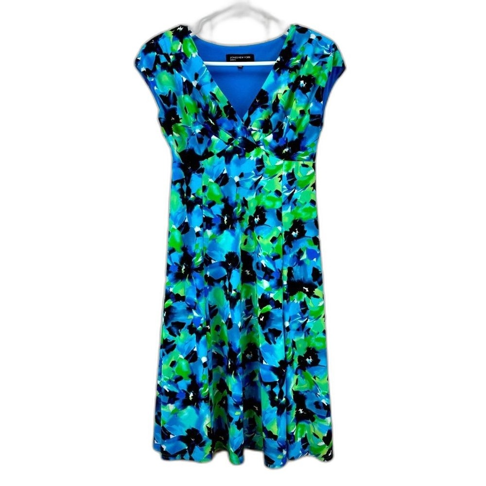 Jones New York Abstract Cap Sleeve V Neck Empire Waist Dress Blue‎ Green Size 8